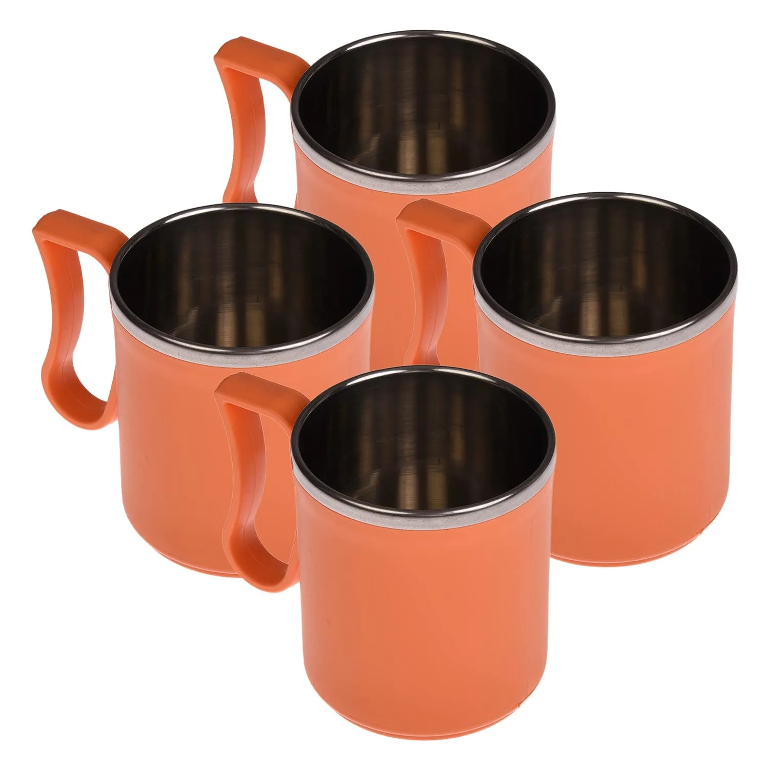 Kuber Industries Coffee Mug|Inside Stainless Steel Double Wall Tea Cup|Outside Plastic Stylish Milk Mug for Kids & Adults|Pack of 4 (Orange)