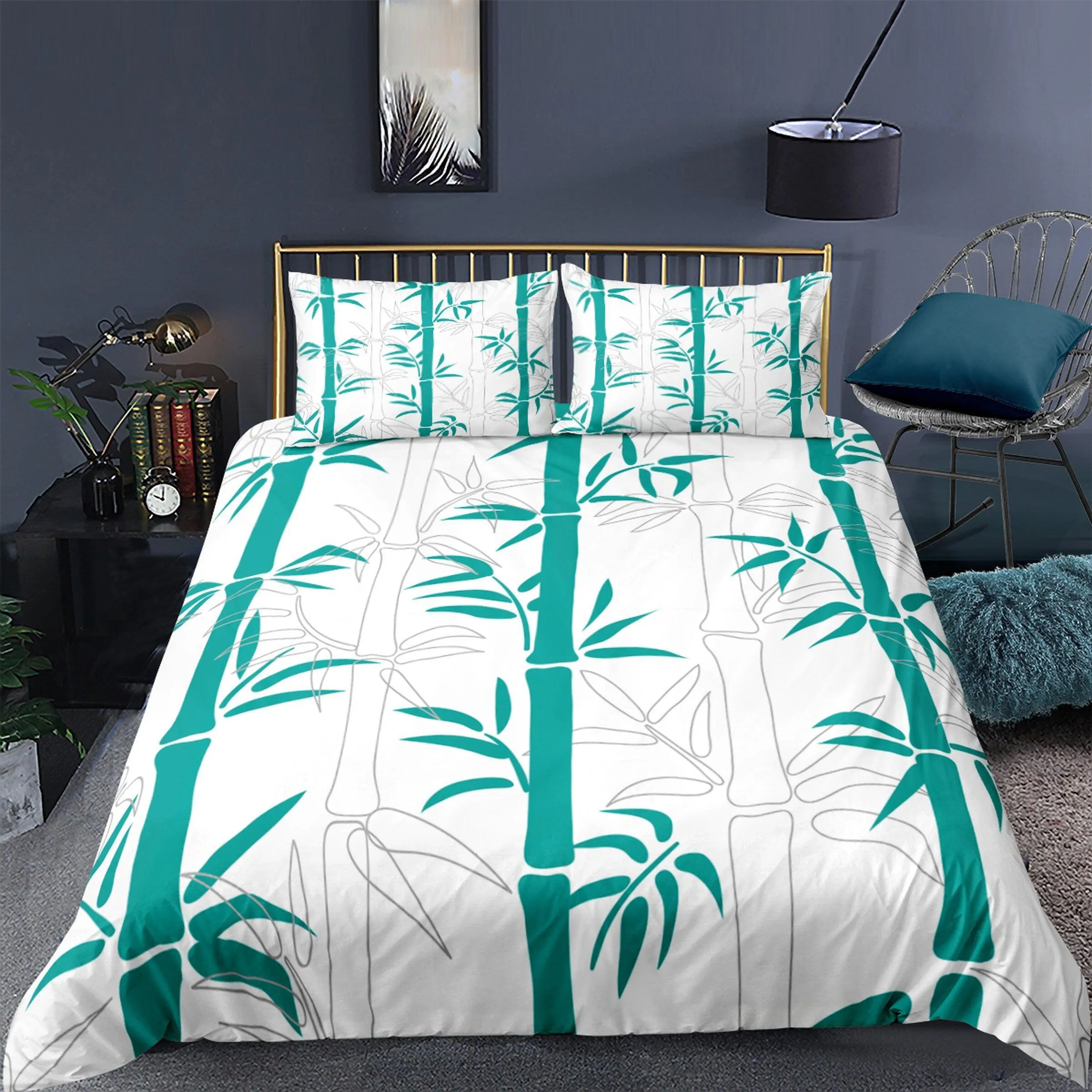 Lucky Bamboo Duvet Cover Set Botanical, White Bedspread Dorm Bedding Set