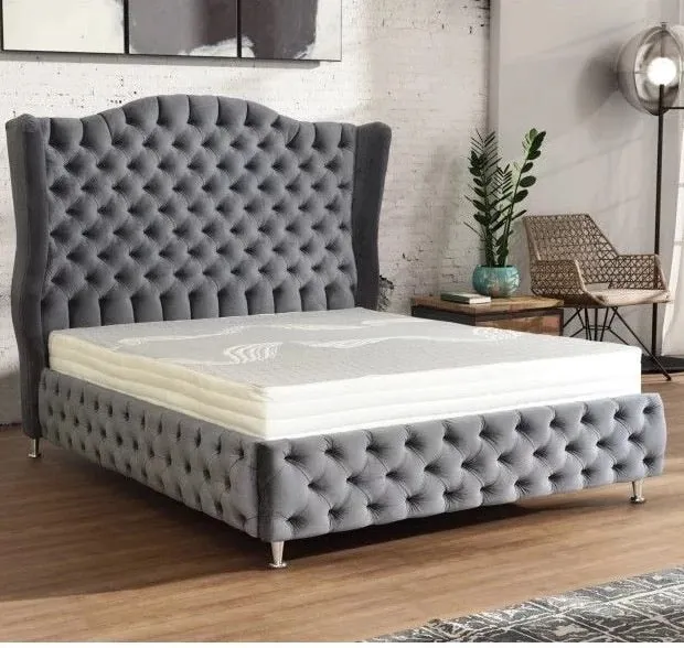 Luxury Alari Bed Frame modern bed Wing Back Chesterfield Grey Velvet Fabric Button bed