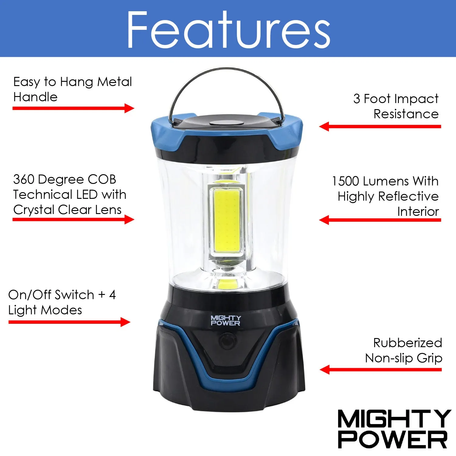 Mighty Power COB LED Camping Lantern with 4 Light Modes, Blue, 1500 Lumens