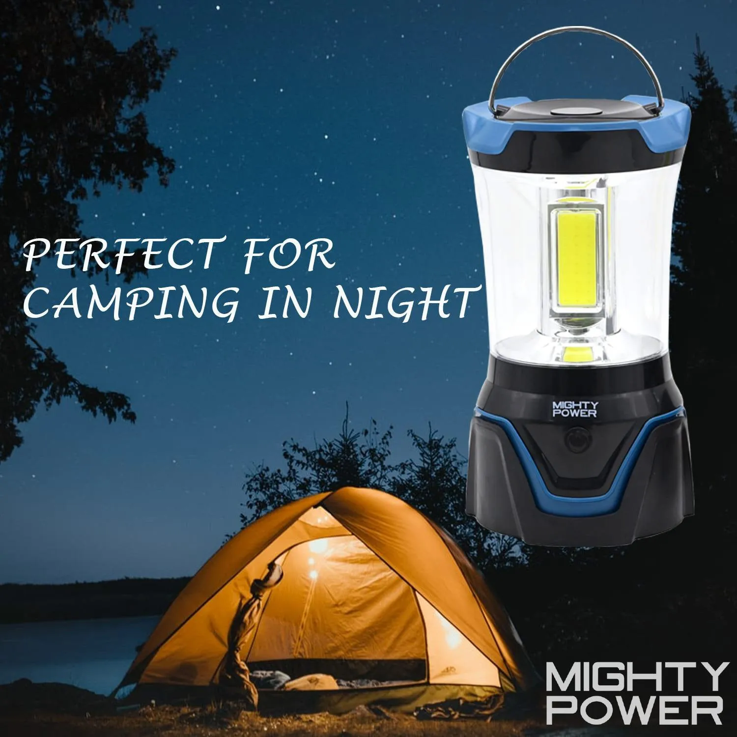 Mighty Power COB LED Camping Lantern with 4 Light Modes, Blue, 1500 Lumens