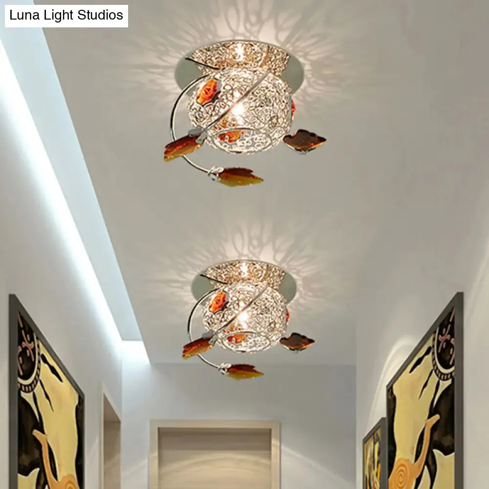 Modern Leaf Corridor Flushmount Light with Faceted Tan Crystal and Globe Cage Shade