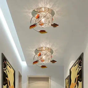 Modern Leaf Corridor Flushmount Light with Faceted Tan Crystal and Globe Cage Shade