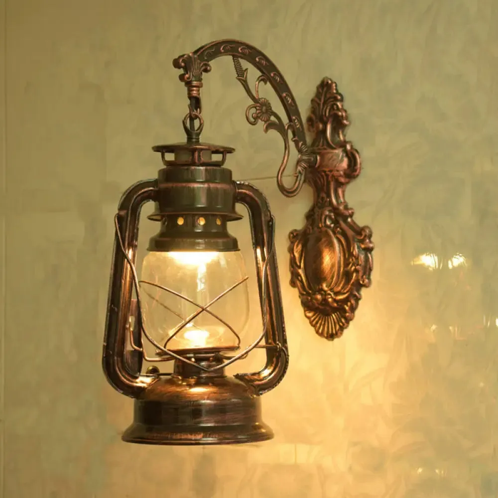 Nautical Clear Glass Kerosene Wall Sconce with Curved Arm for Restaurants