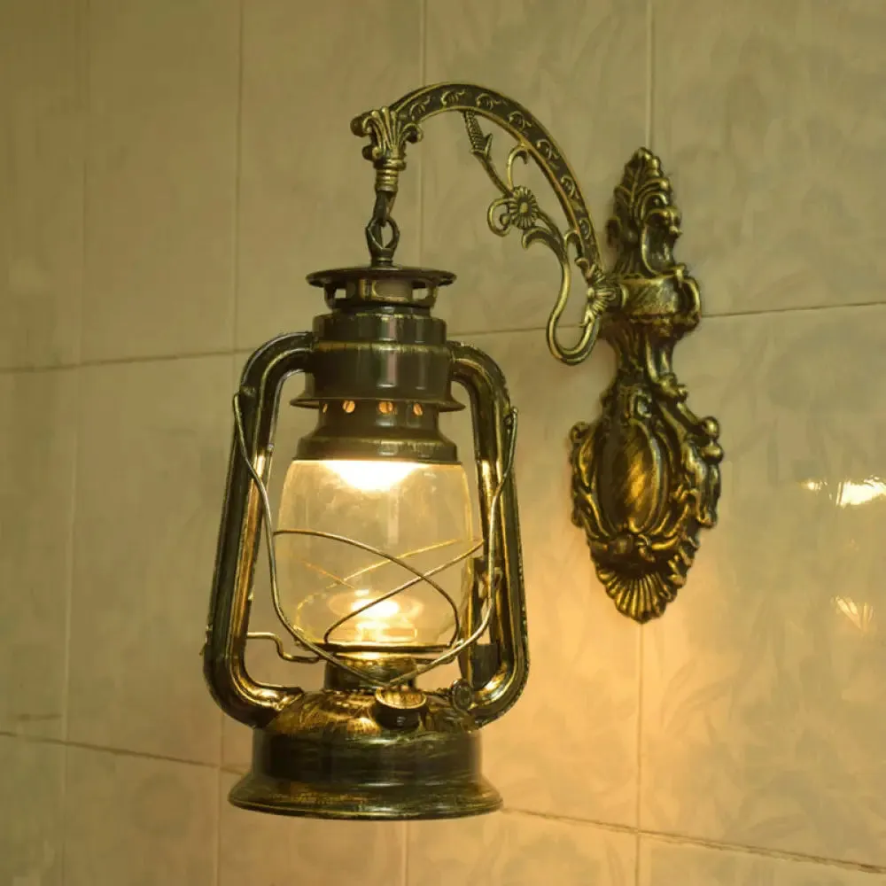 Nautical Clear Glass Kerosene Wall Sconce with Curved Arm for Restaurants