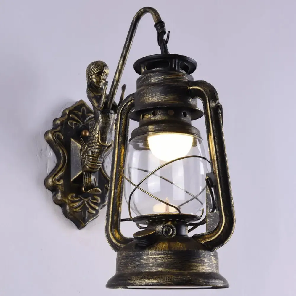 Nautical Clear Glass Kerosene Wall Sconce with Curved Arm for Restaurants