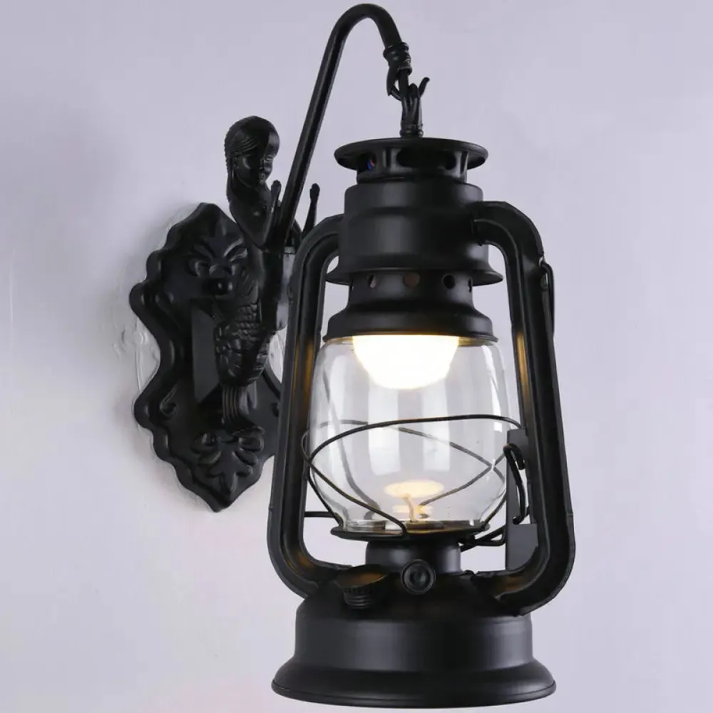 Nautical Clear Glass Kerosene Wall Sconce with Curved Arm for Restaurants