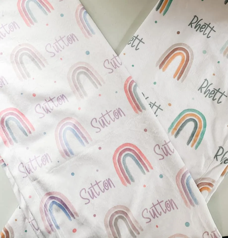 Neutral Rainbow Print (Mustard/Teal) Personalized Minky Blanket (Luxe Minky)