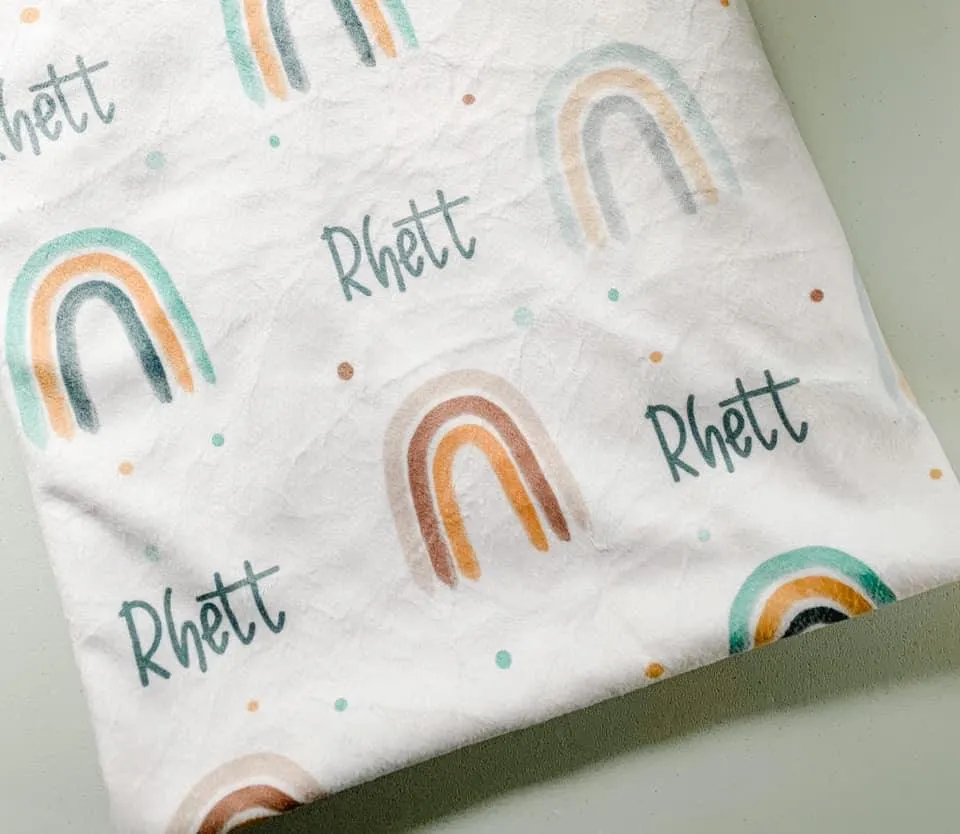 Neutral Rainbow Print (Mustard/Teal) Personalized Minky Blanket (Luxe Minky)