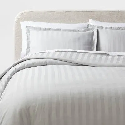 New - Threshold Luxe Striped Damask Duvet Cover & Sham Set OEKO-TEX, Light Gray, King