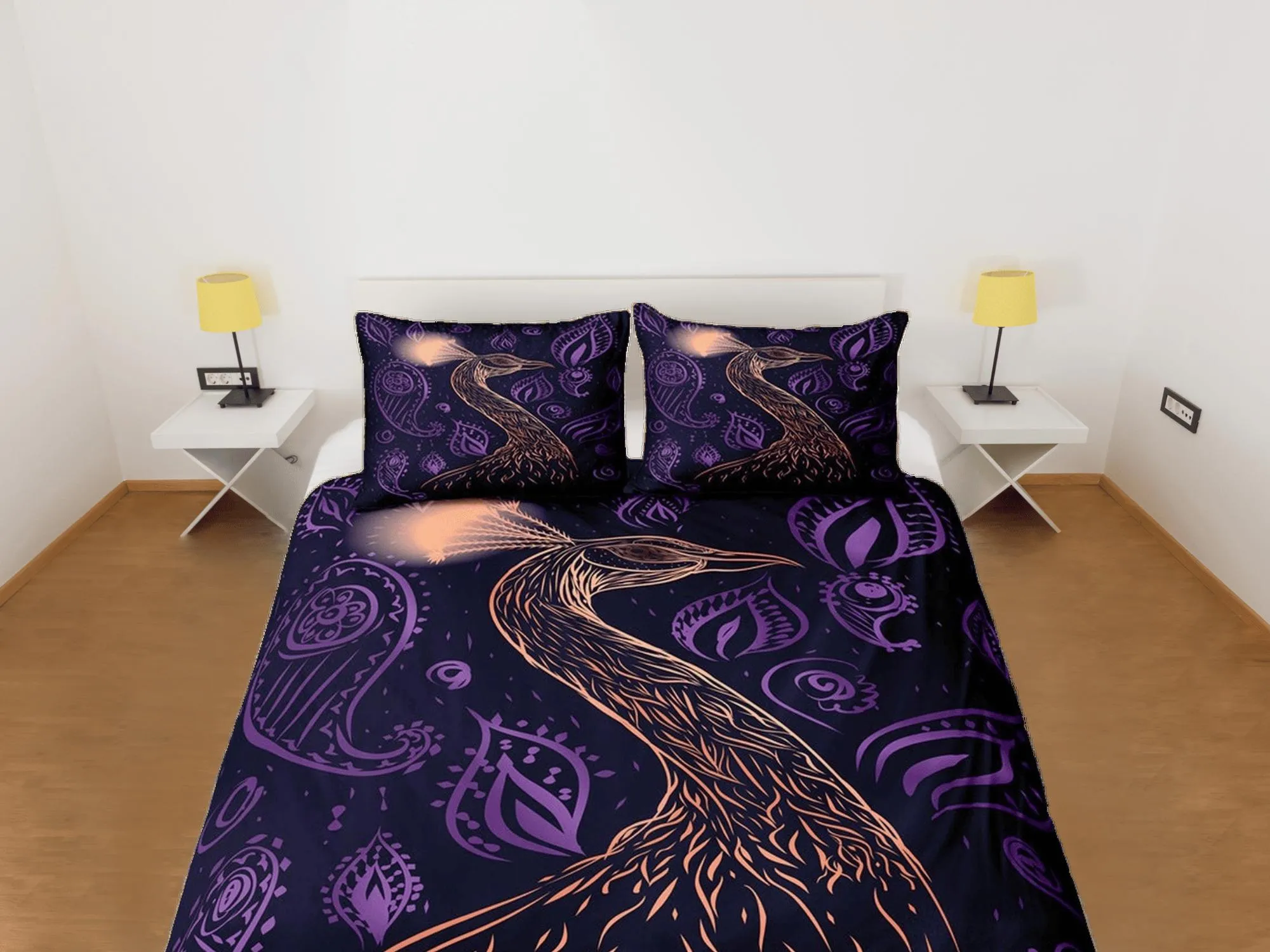 peacock decor purple aesthetic bedding set full, luxury duvet cover queen, king, boho duvet, designer bedding, maximalist bedspread