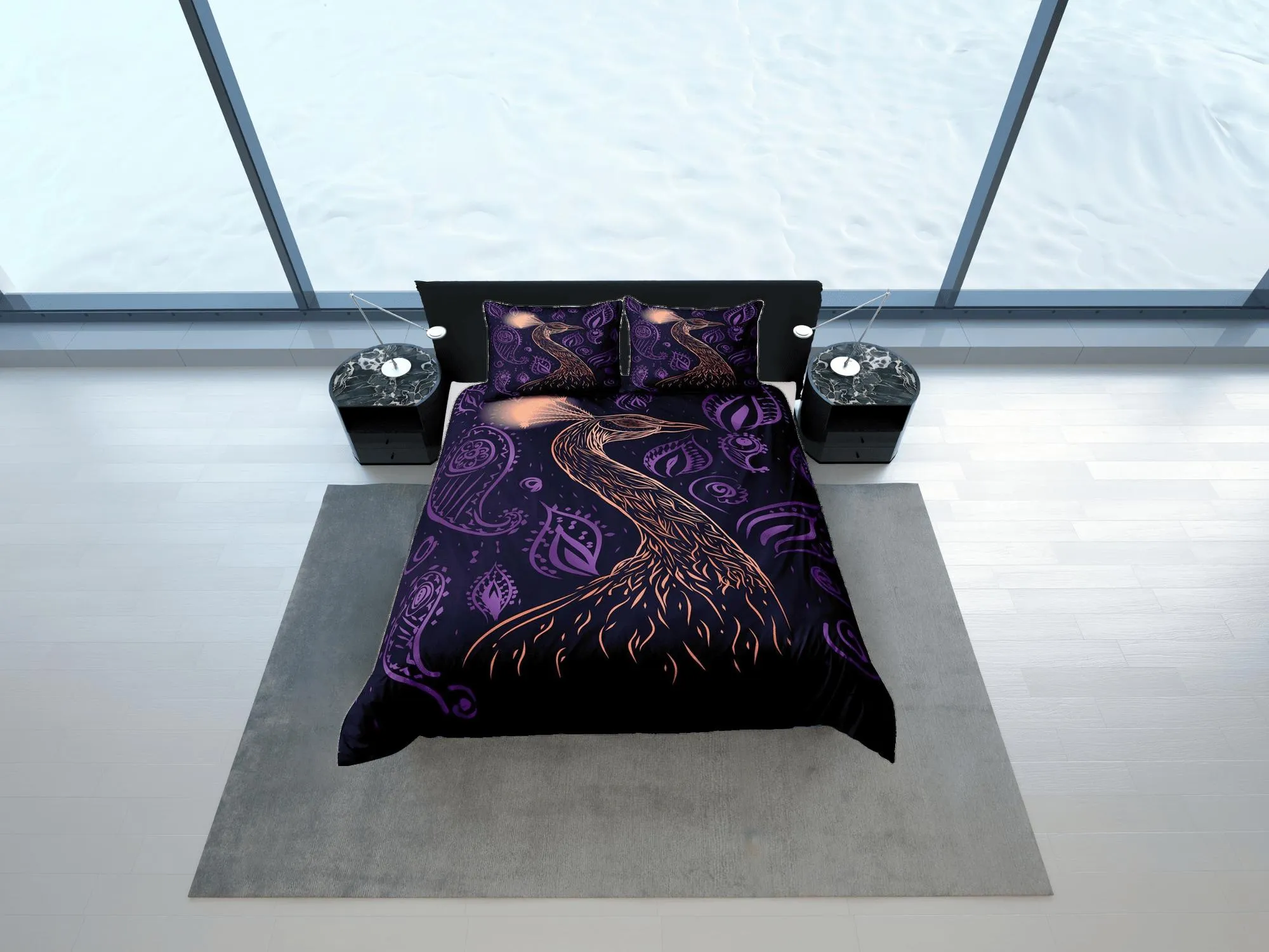 peacock decor purple aesthetic bedding set full, luxury duvet cover queen, king, boho duvet, designer bedding, maximalist bedspread