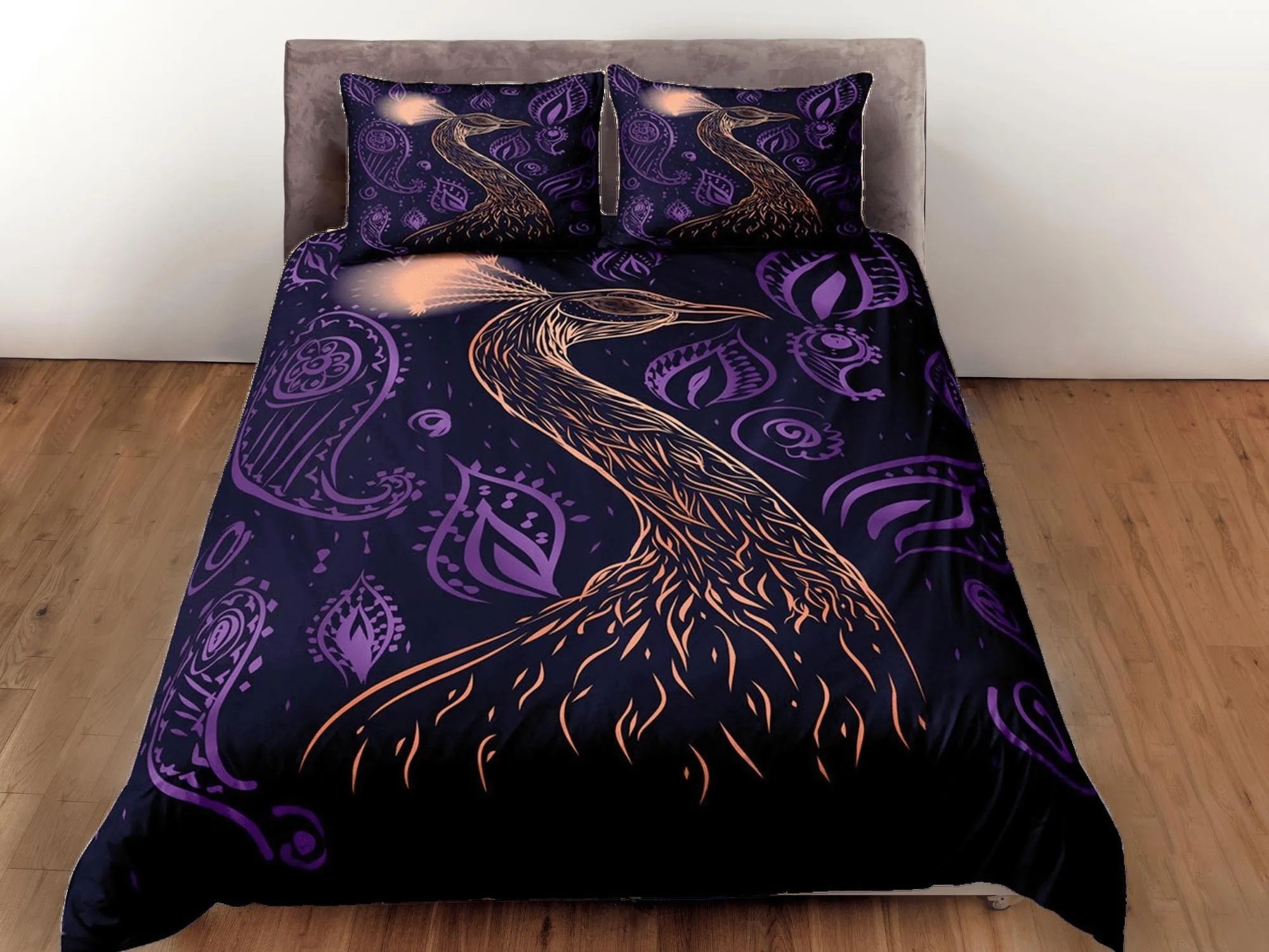 peacock decor purple aesthetic bedding set full, luxury duvet cover queen, king, boho duvet, designer bedding, maximalist bedspread