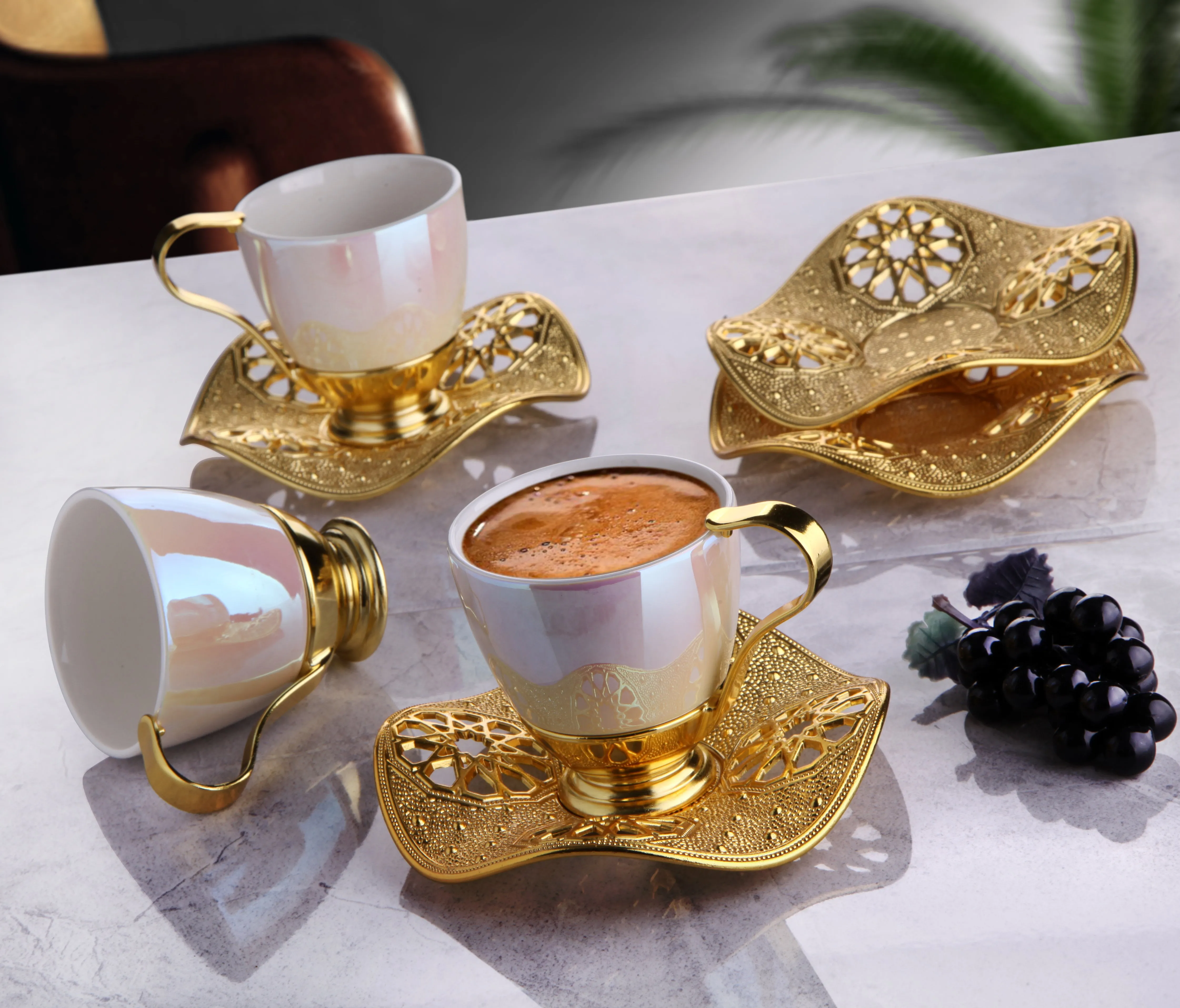 Pearl Turkish Coffee Cup Set of 6, 18-Piece Handmade Coffee Cups, 3 Oz