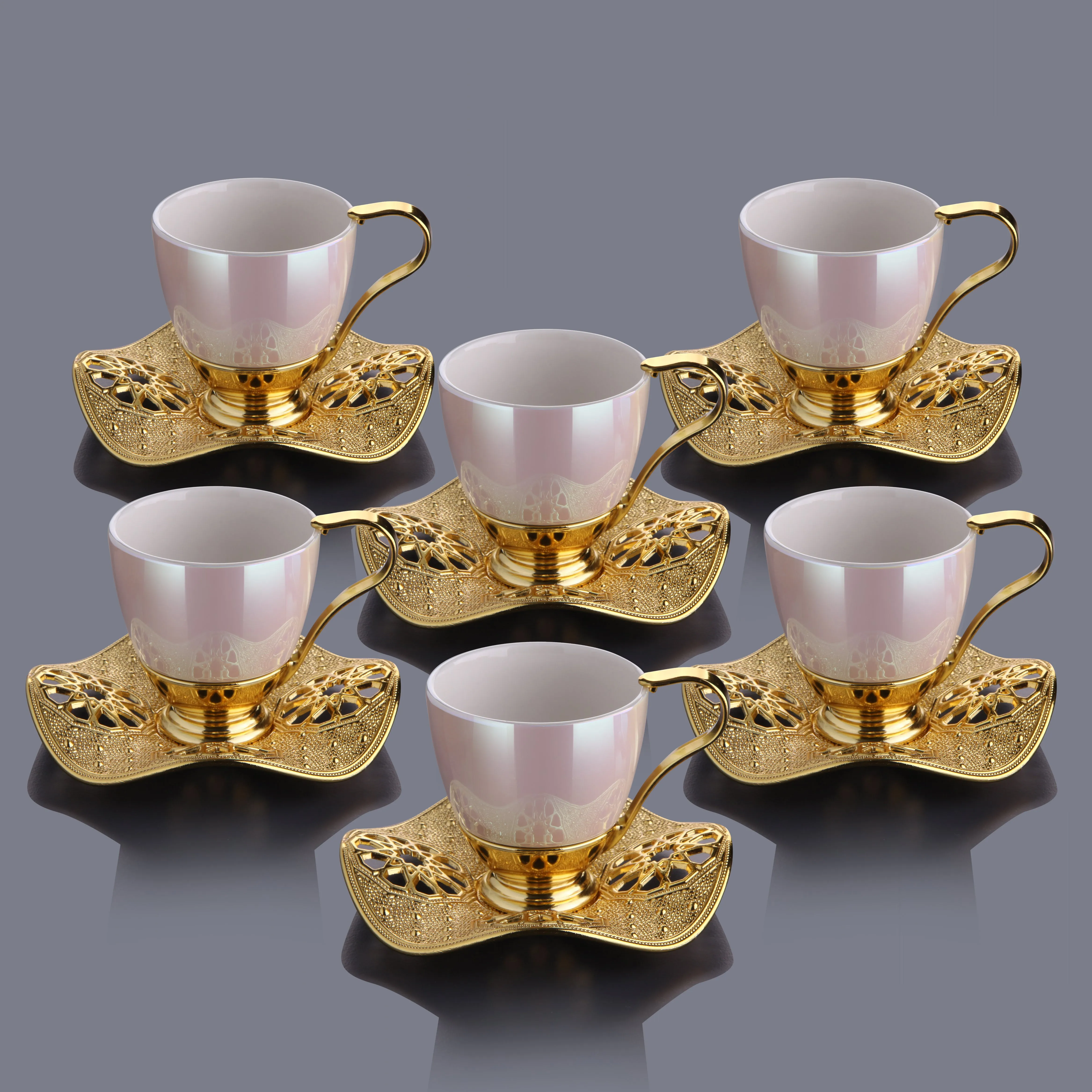 Pearl Turkish Coffee Cup Set of 6, 18-Piece Handmade Coffee Cups, 3 Oz