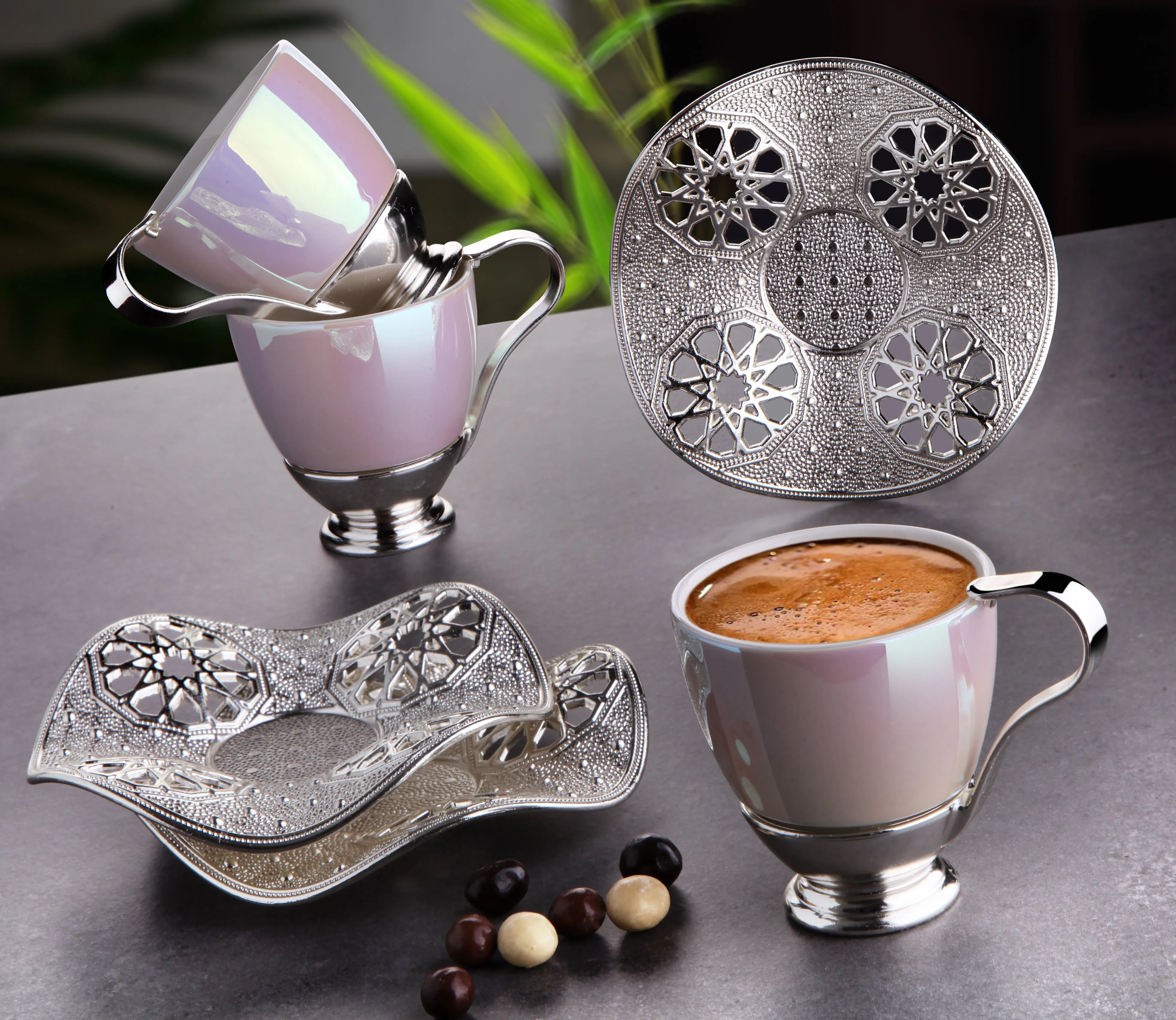 Pearl Turkish Coffee Cup Set of 6, 18-Piece Handmade Coffee Cups, 3 Oz