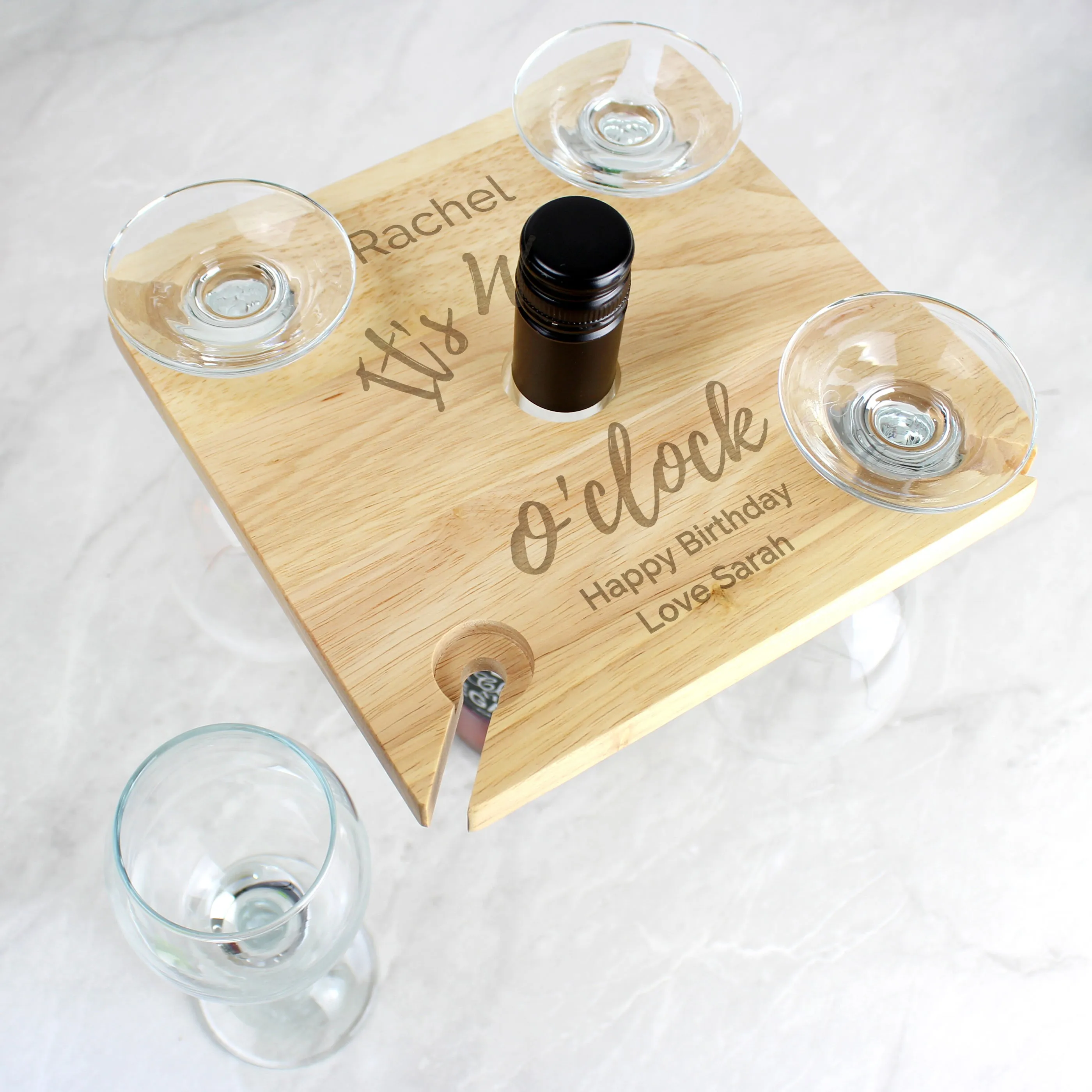 Personalised Wine O'Clock Four Wine Glass Holder & Bottle Holder