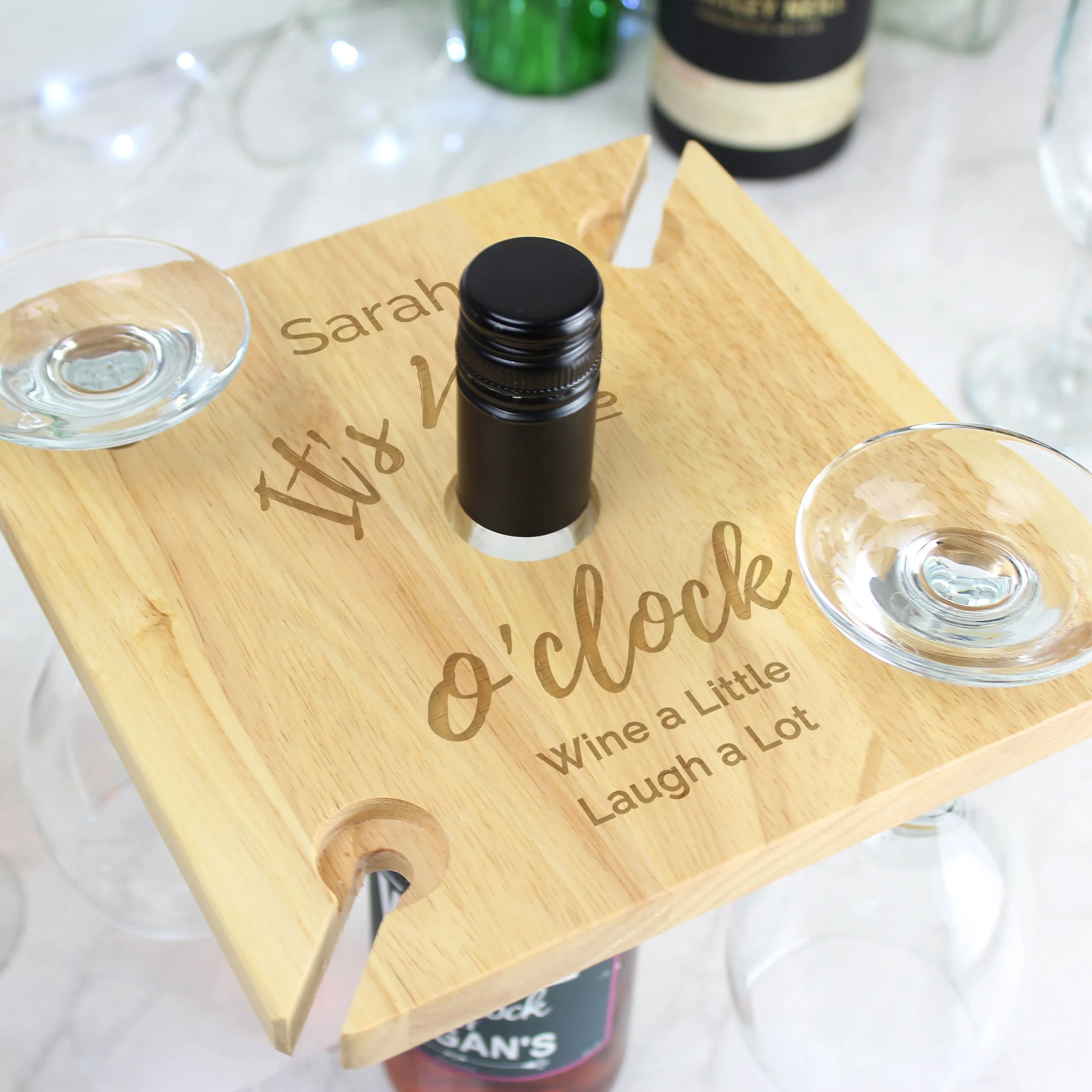 Personalised Wine O'Clock Four Wine Glass Holder & Bottle Holder