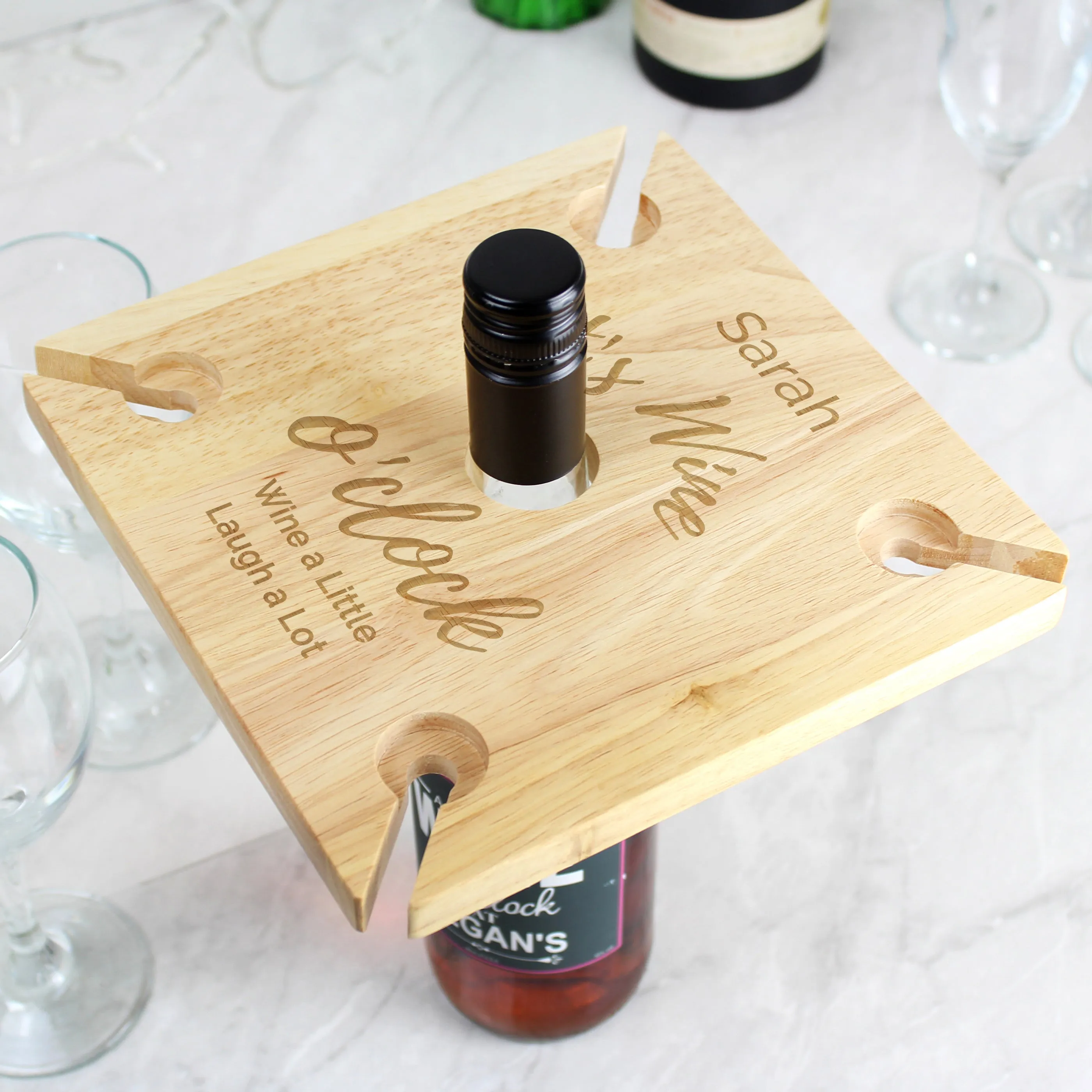 Personalised Wine O'Clock Four Wine Glass Holder & Bottle Holder