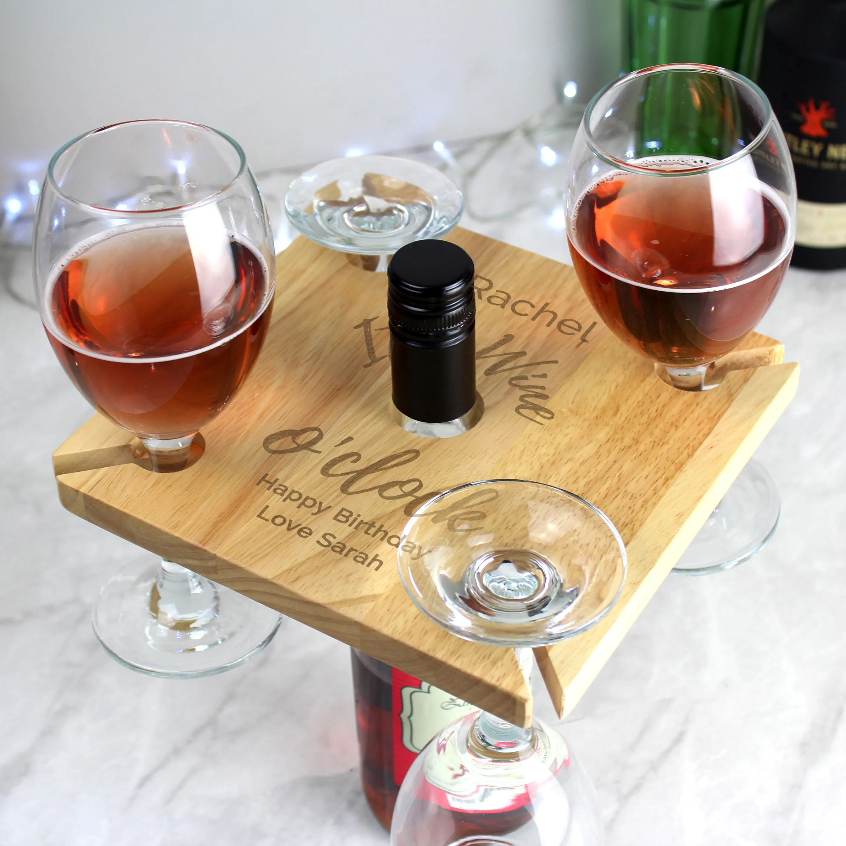 Personalised Wine O'Clock Four Wine Glass Holder & Bottle Holder