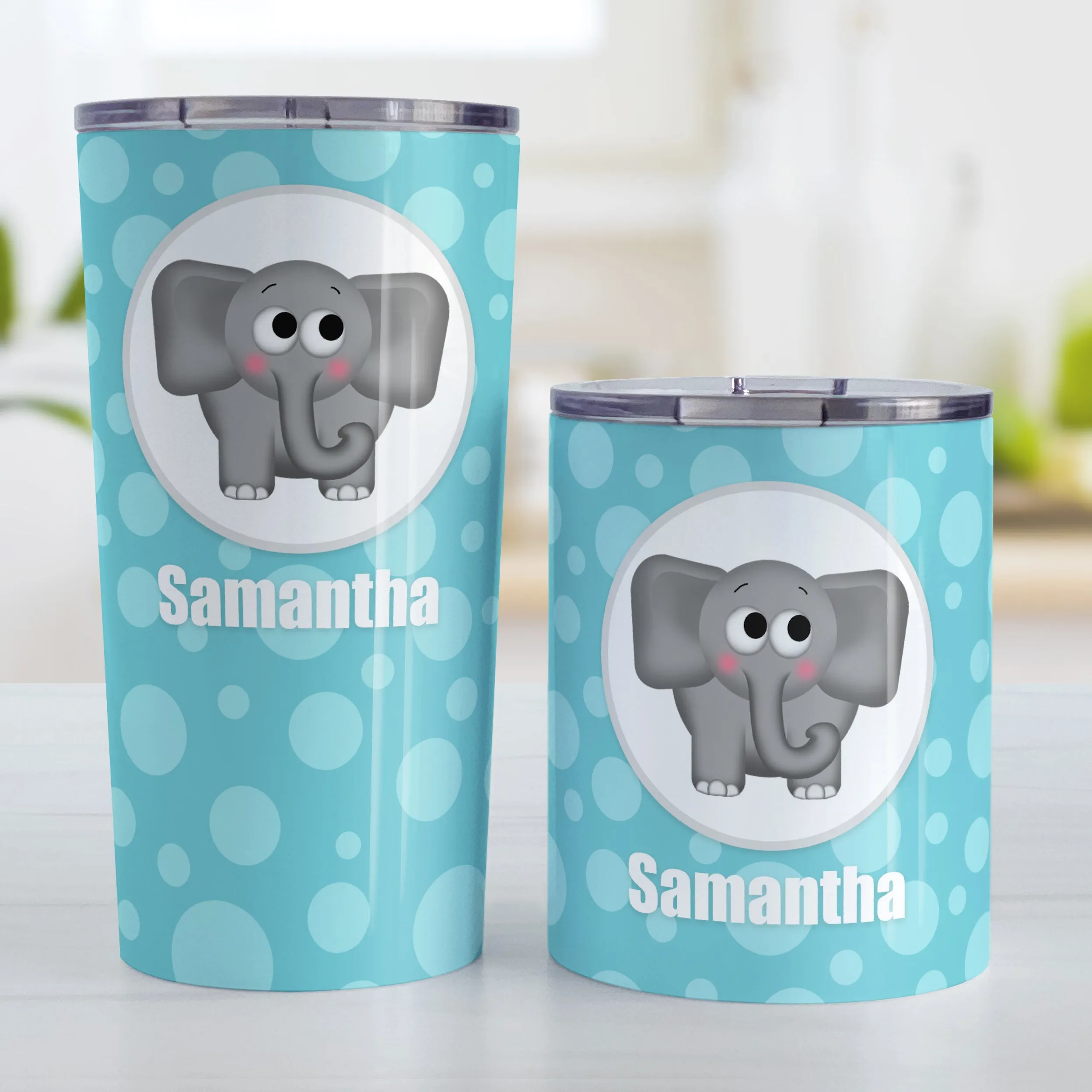 Personalized Cute Elephant Bubbly Turquoise Tumbler Cup