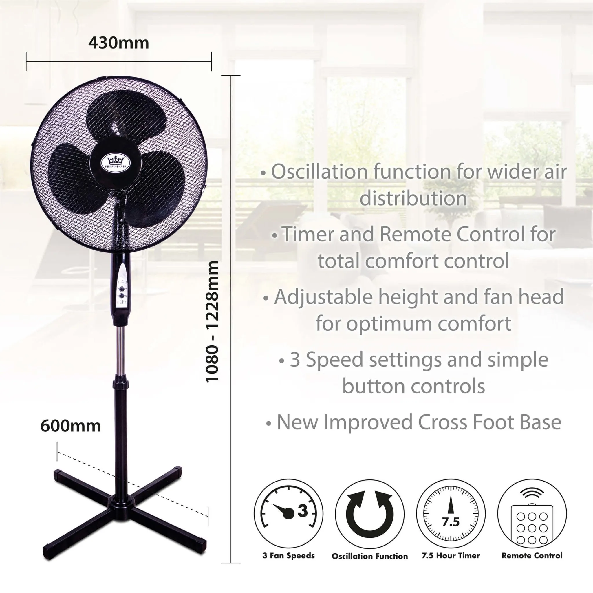 Prem-I-Air 40cm Oscillating Fan with Remote Control and Timer