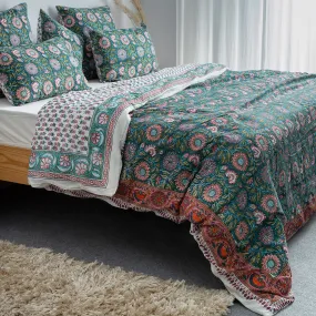 Premium Green Floral Block Print Soft Cotton Duvet Cover Sets and Single