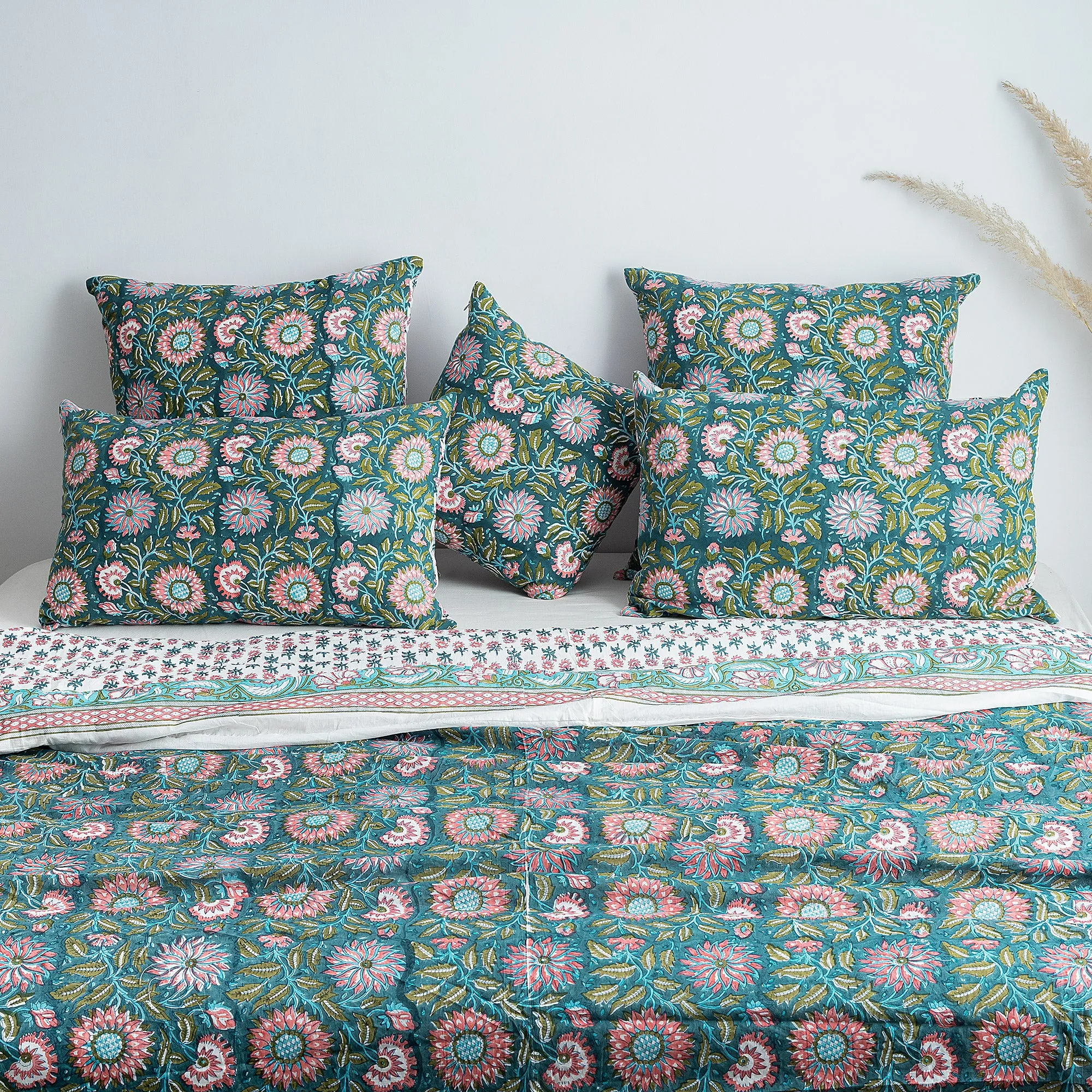 Premium Green Floral Block Print Soft Cotton Duvet Cover Sets and Single