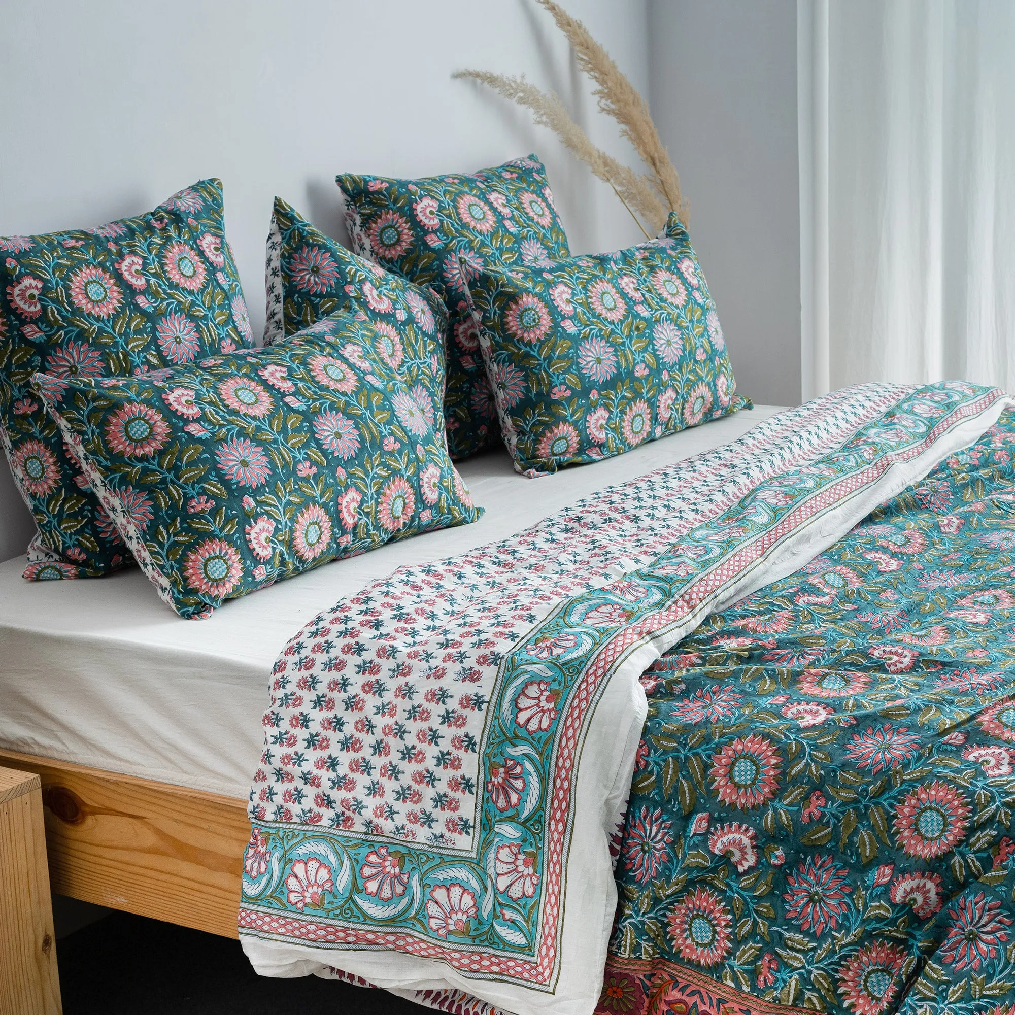 Premium Green Floral Block Print Soft Cotton Duvet Cover Sets and Single