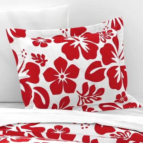 Red Hibiscus and Hawaiian Flowers on White Duvet Cover -Medium Scale