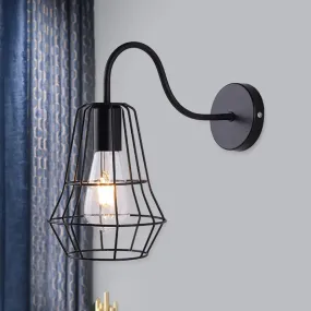 Retro Style Gooseneck Wall Sconce with Cage Shade in Black Finish for Living Room