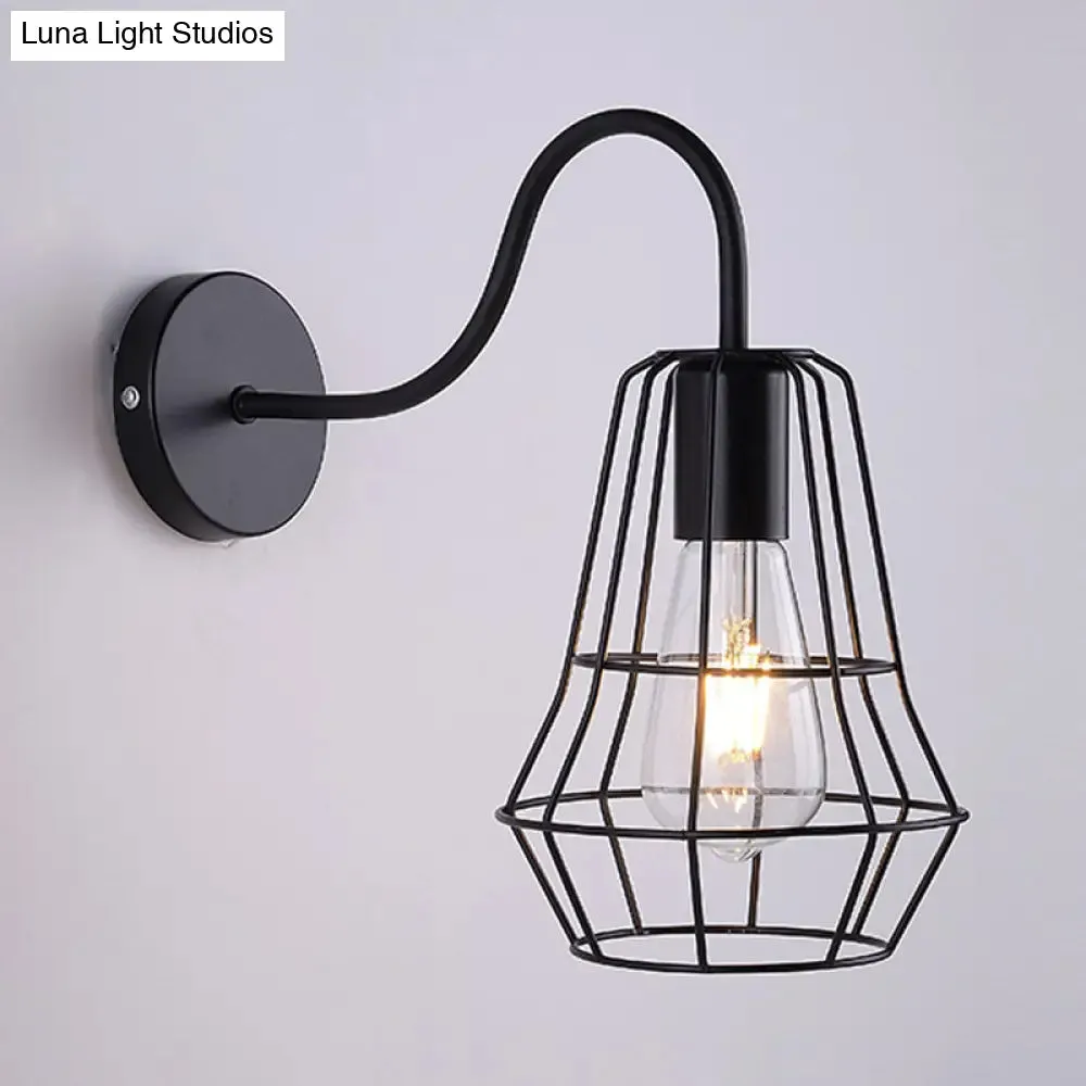 Retro Style Gooseneck Wall Sconce with Cage Shade in Black Finish for Living Room