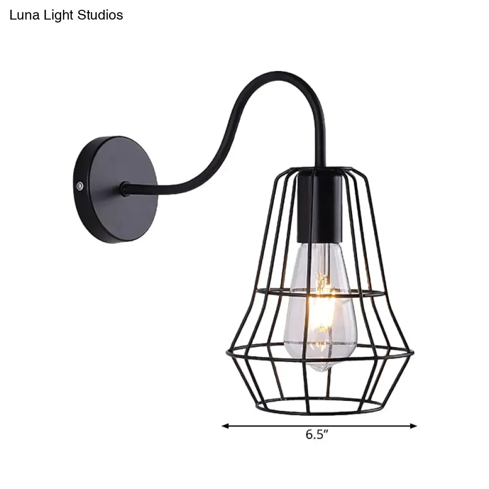 Retro Style Gooseneck Wall Sconce with Cage Shade in Black Finish for Living Room