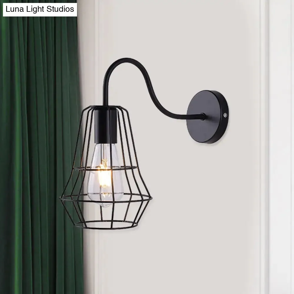 Retro Style Gooseneck Wall Sconce with Cage Shade in Black Finish for Living Room