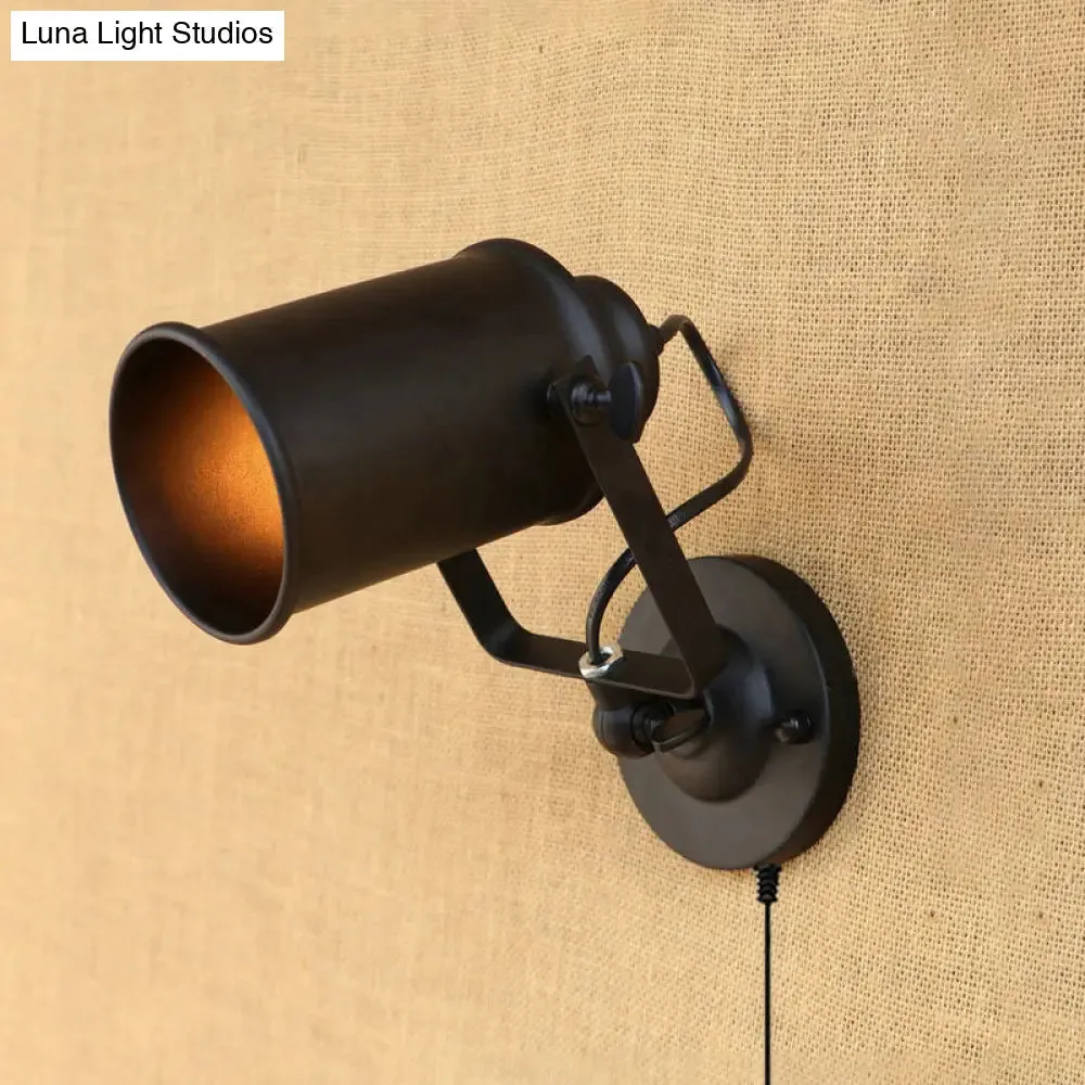 Retro-style Matte Black Wall Sconce with Adjustable Cylindrical Shade and Plug-in Cord