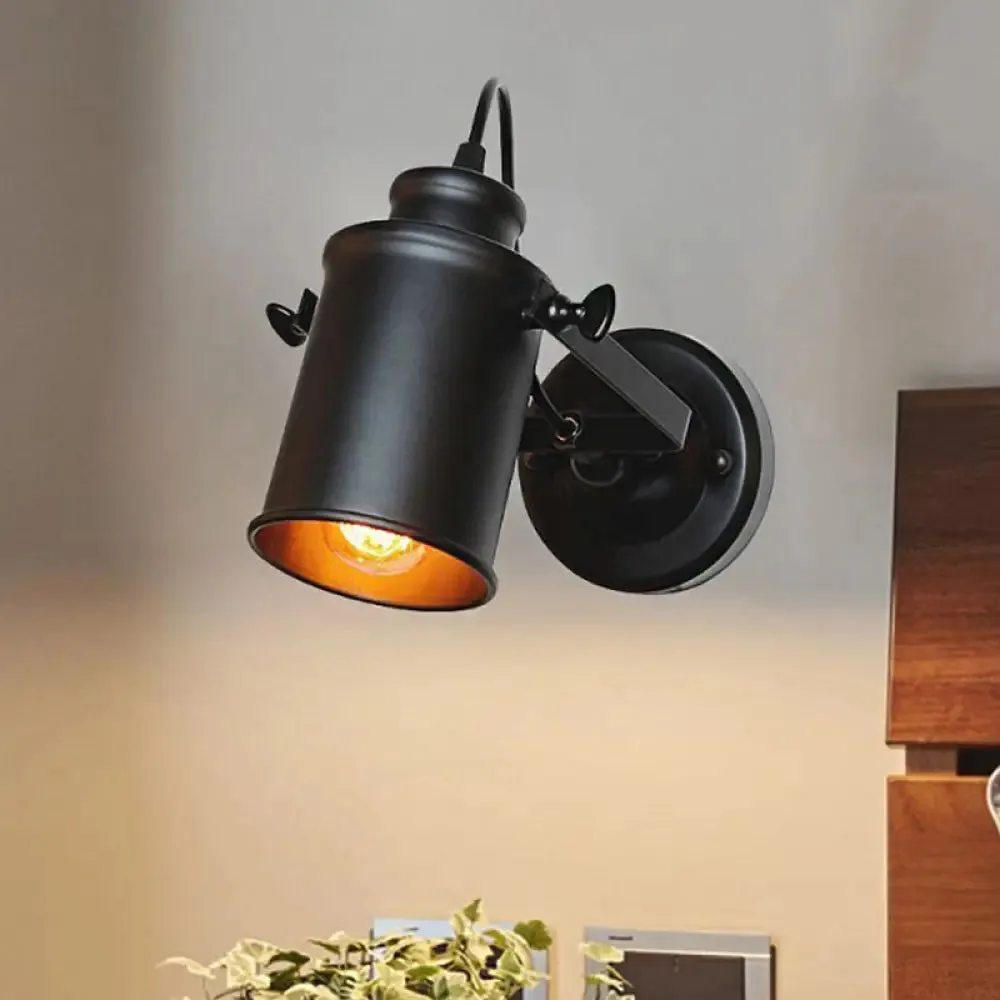 Retro-style Matte Black Wall Sconce with Adjustable Cylindrical Shade and Plug-in Cord