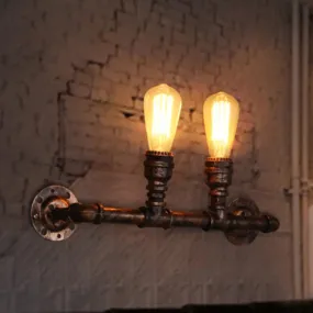 Rustic Iron Restaurant Wall Lamp with 2 Bulbs and Bronze Fixture for Plumbing Pipe Lighting