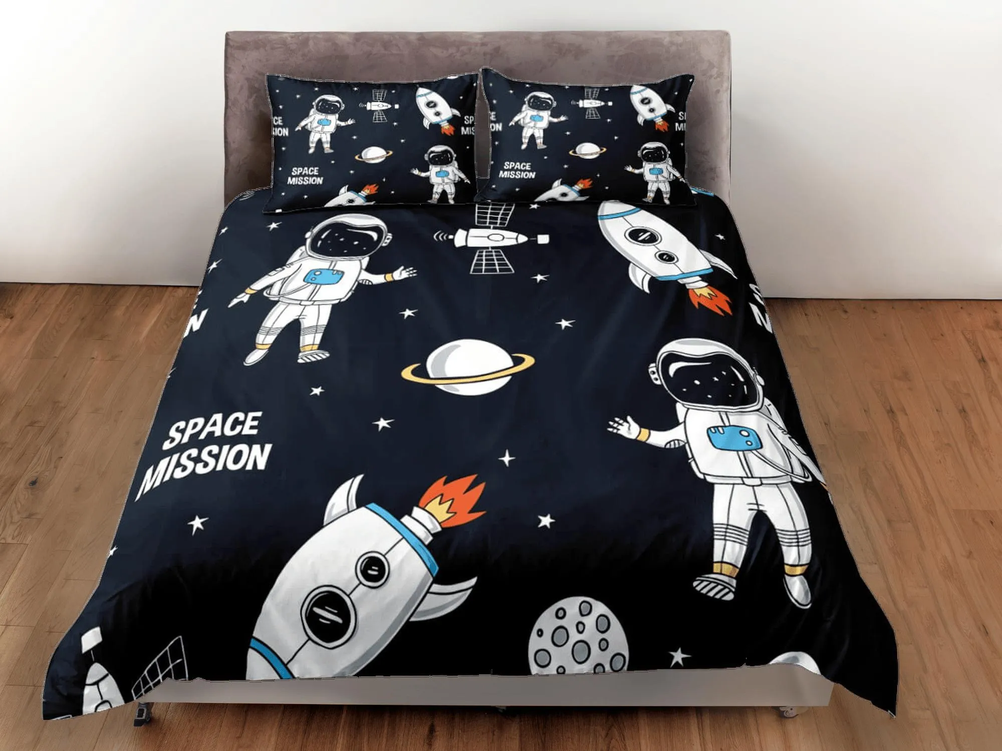 Space mission astronaut duvet cover set for kids, galaxy bedding set full, king, queen, dorm bedding, toddler bedding aesthetic bedspread