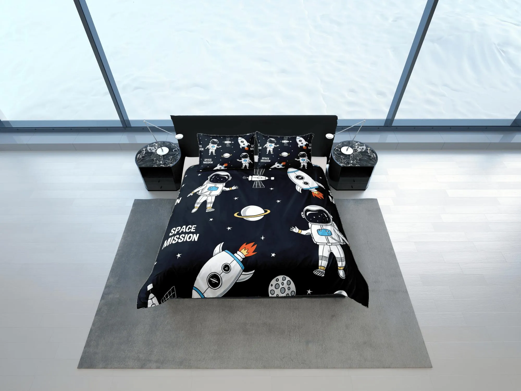 Space mission astronaut duvet cover set for kids, galaxy bedding set full, king, queen, dorm bedding, toddler bedding aesthetic bedspread