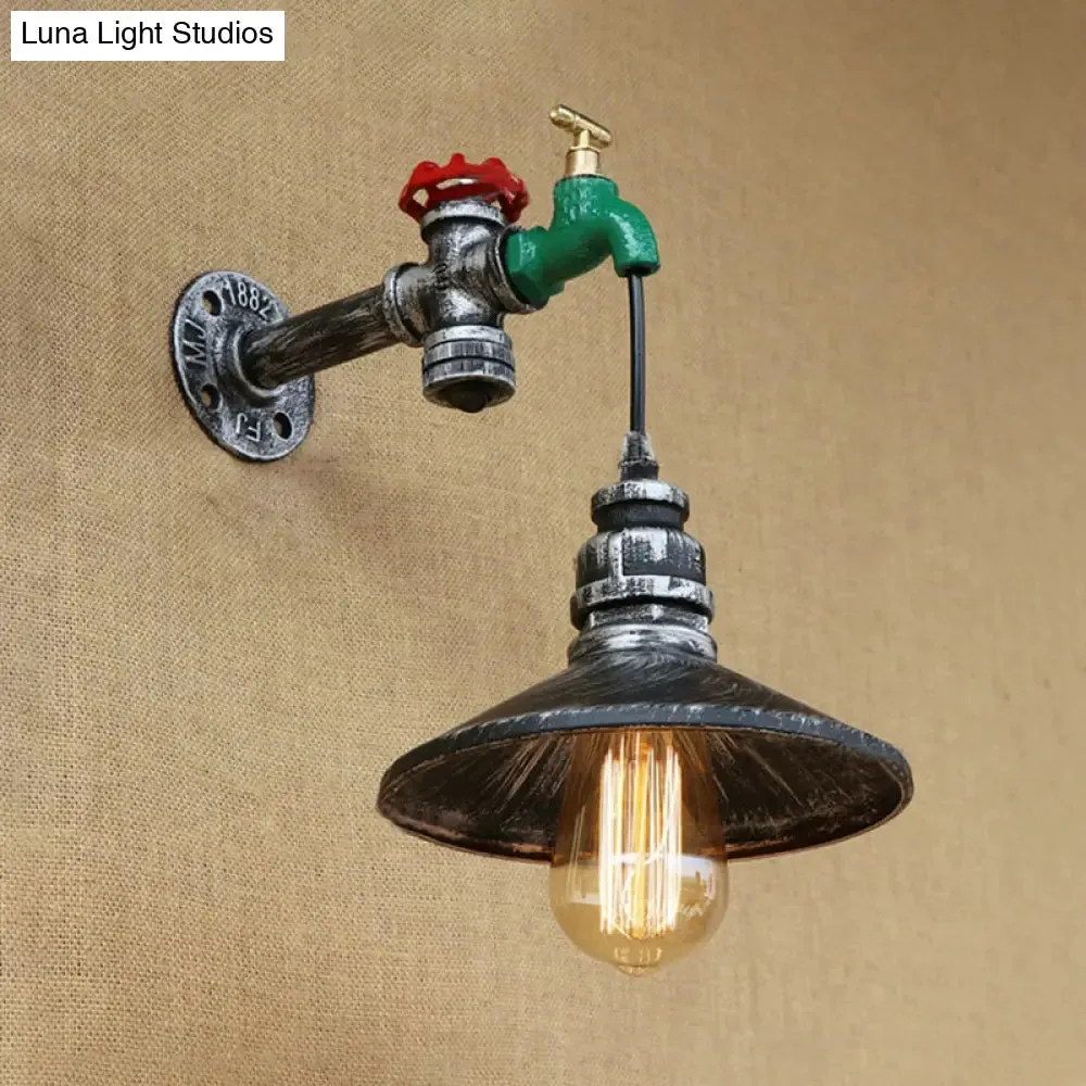 Steampunk Faucet Wall Light with Conic Shade - Aged Silver Finish