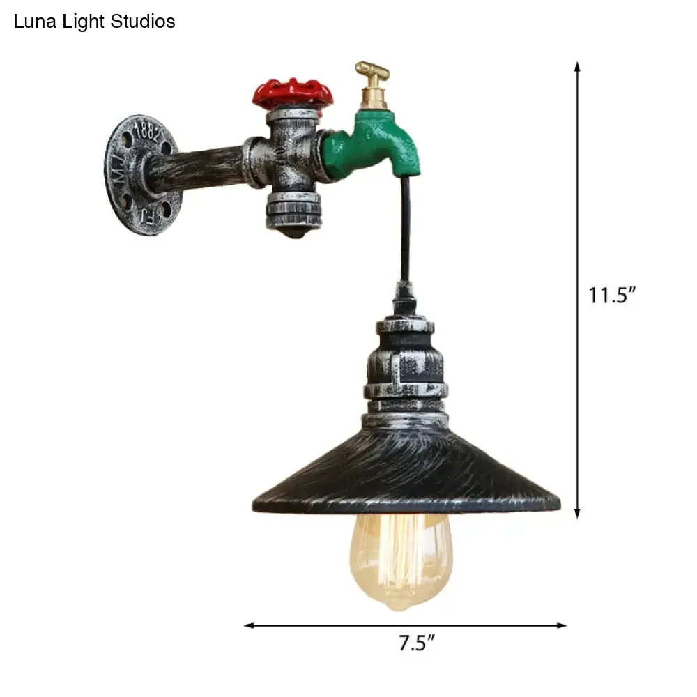 Steampunk Faucet Wall Light with Conic Shade - Aged Silver Finish