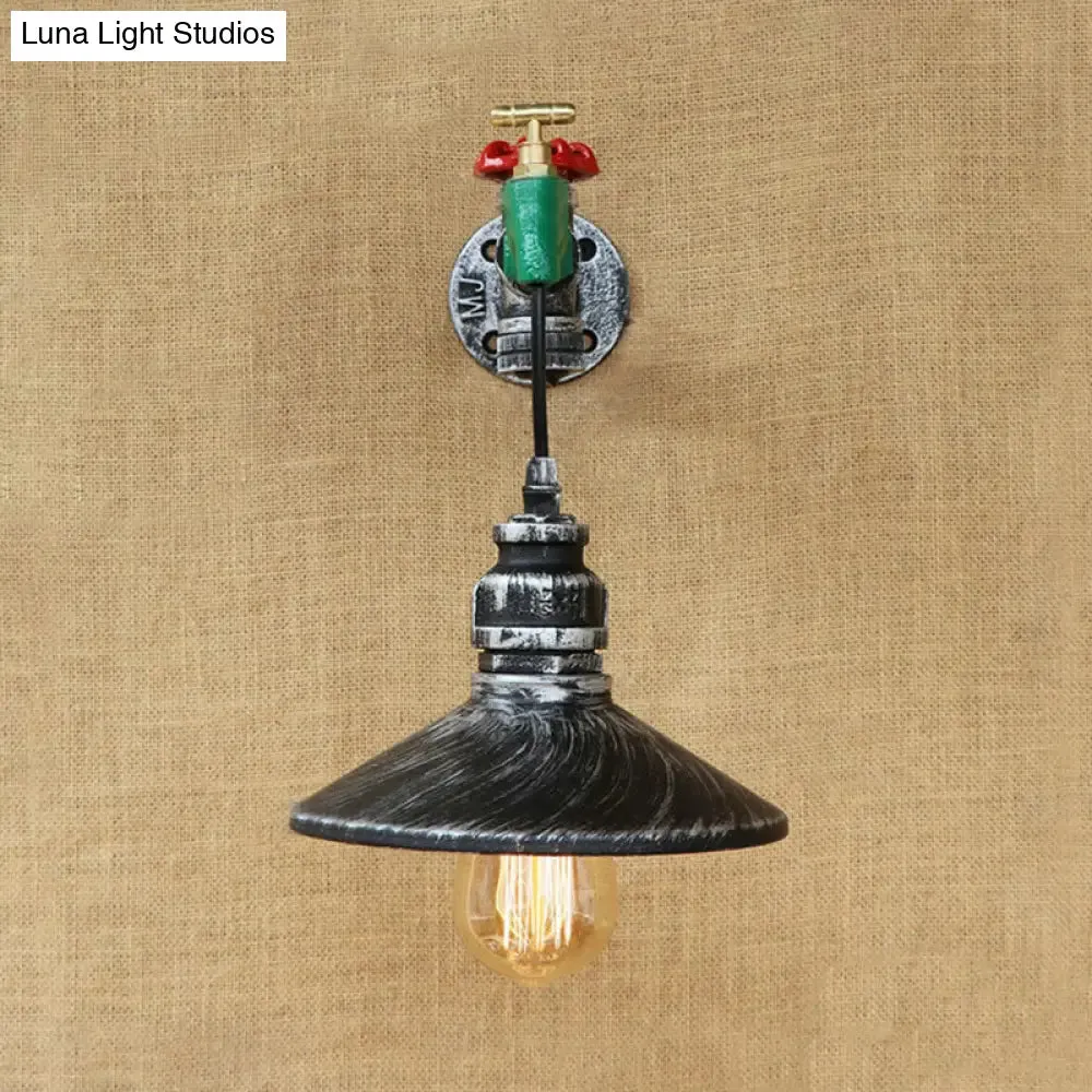 Steampunk Faucet Wall Light with Conic Shade - Aged Silver Finish