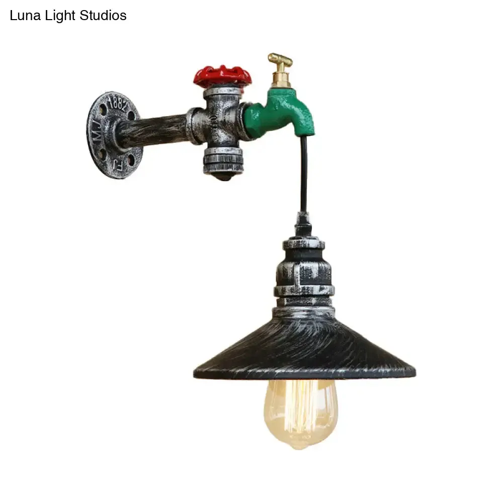 Steampunk Faucet Wall Light with Conic Shade - Aged Silver Finish