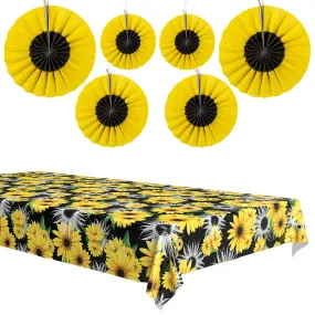 Sunflower Party Black Plastic Table Cover and Set of 6 Hanging Fans