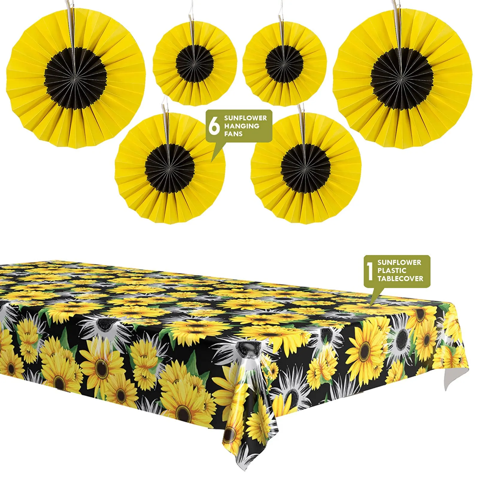 Sunflower Party Black Plastic Table Cover and Set of 6 Hanging Fans