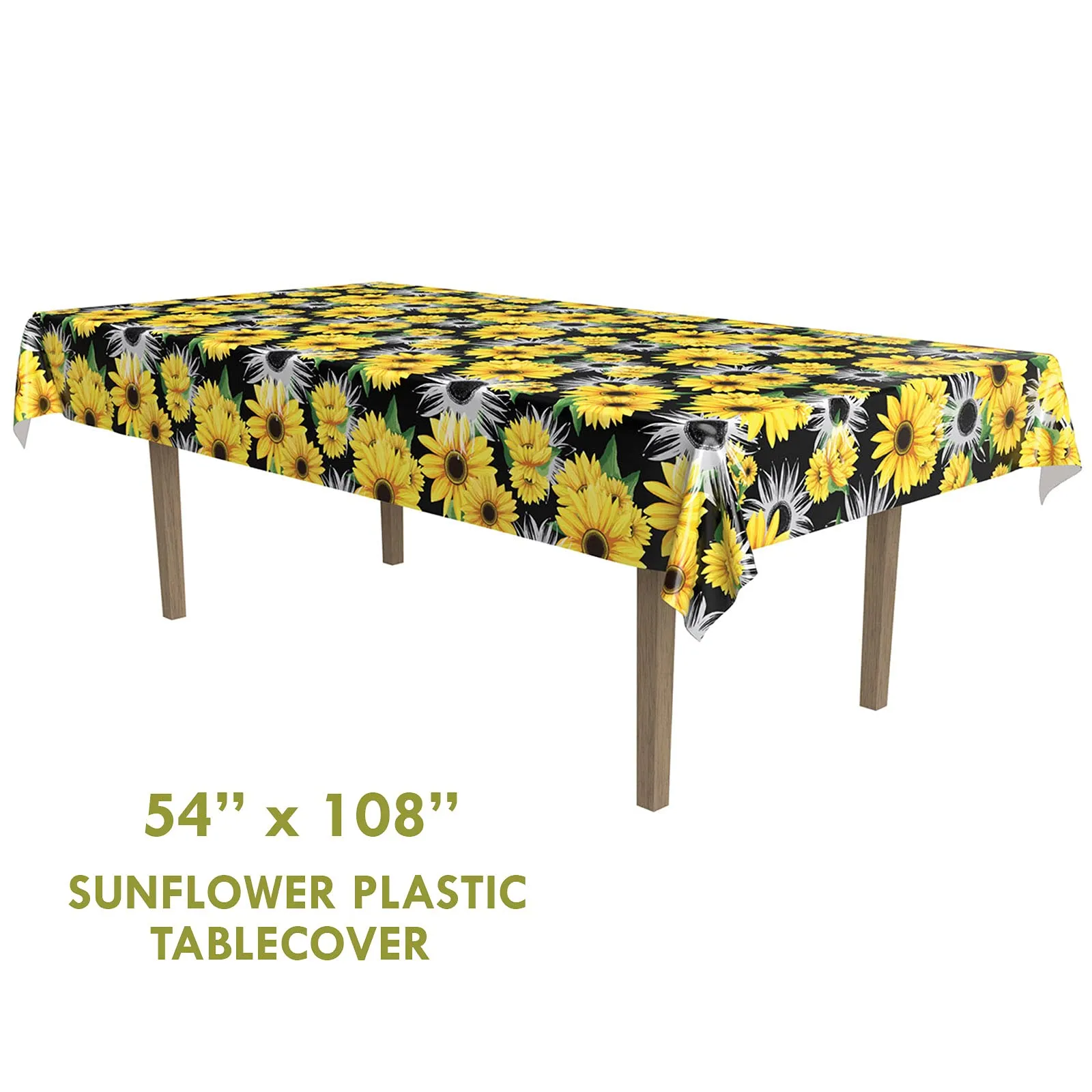 Sunflower Party Black Plastic Table Cover and Set of 6 Hanging Fans