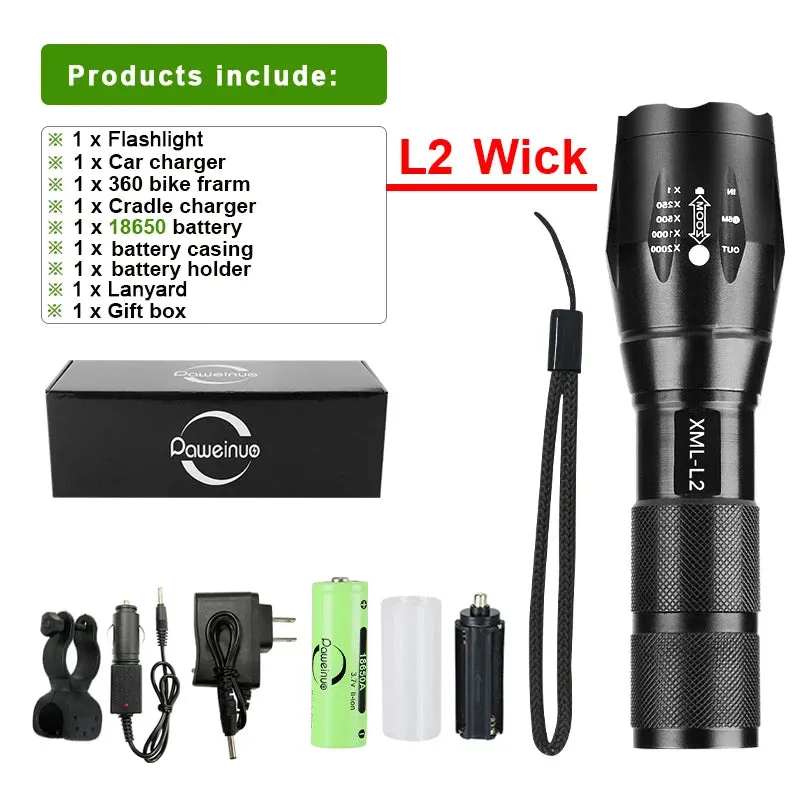 Super Bright XM-L2 LED Flashlight 18650 Rechargeable Torch Most Powerful Flash Light 2000 Lumen High Power Lantern Camping Lamp