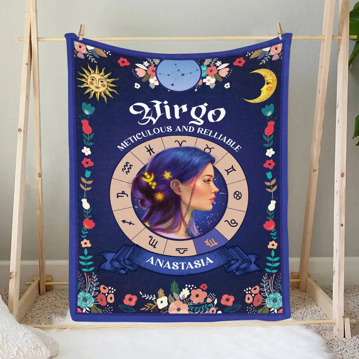 Teesdily | Virgo Zodiac Sign Characteristics Customized Blanket Meticulous And Relliable Sherpa Fleece Horoscope Design Astrology Gift Birthday