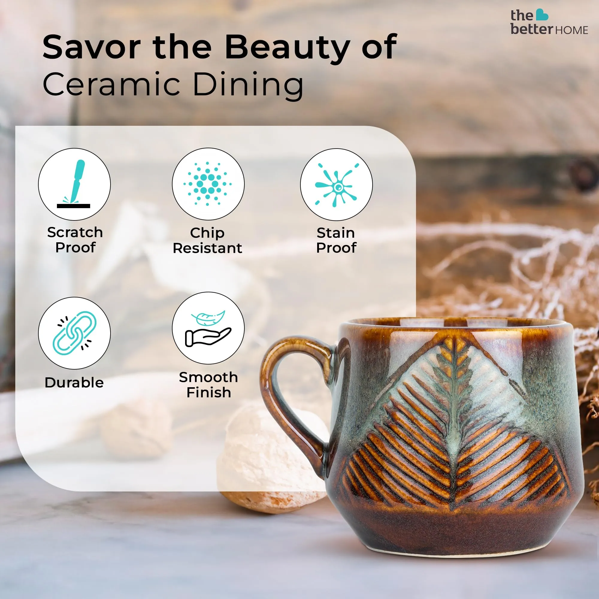 The Better Home Ceramic Tea Coffee Cup with Handles (200 ml x 4) | Microwave Safe | Scratch Resistant | Stain Proof | Glossy Finish | Gifting Set | (Pack of 4- Teal)