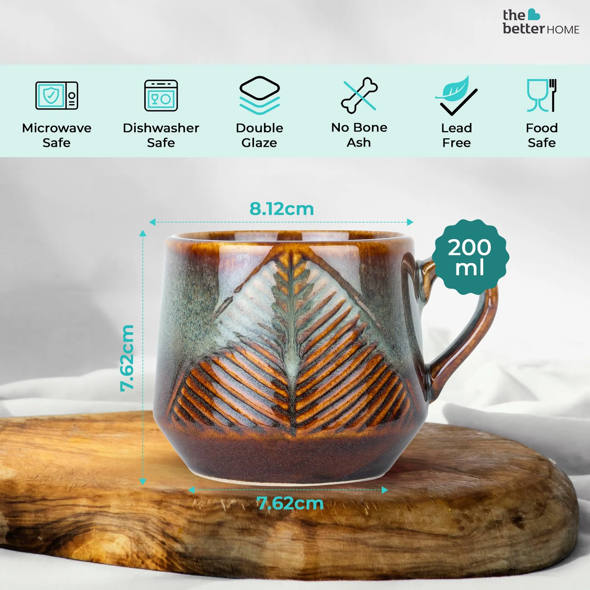 The Better Home Ceramic Tea Coffee Cup with Handles (200 ml x 4) | Microwave Safe | Scratch Resistant | Stain Proof | Glossy Finish | Gifting Set | (Pack of 4- Teal)